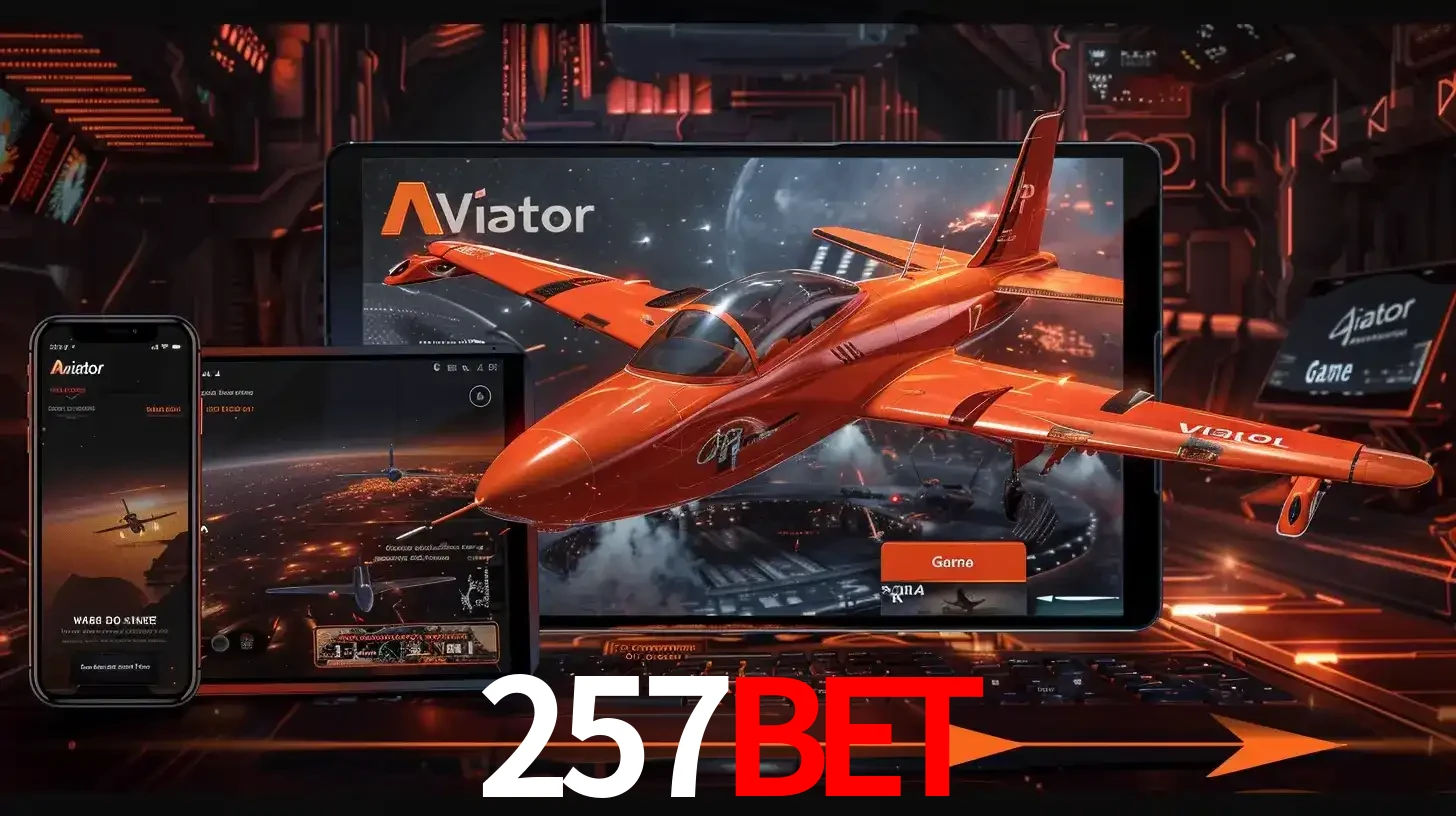 Apresentação tecnológica do jogo Aviator com um avião saindo da tela de um tablet, demonstrando a experiência imersiva em múltiplos dispositivos no 257BET.