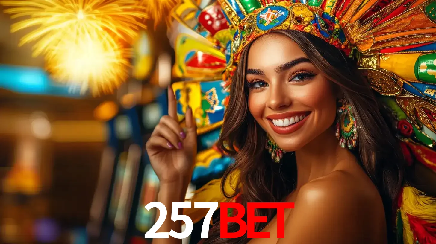 Mulher sorridente com um cocar de carnaval vibrante e colorido, celebrando uma grande vitória nos jogos do cassino 257BET com fogos de artifício ao fundo.
