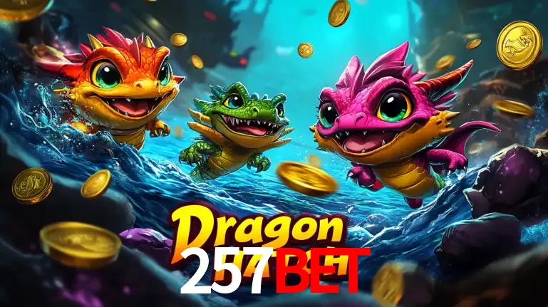 Arte promocional do jogo Dragon Hatch com três adoráveis dragões bebês nadando entre moedas de ouro, um dos slots mais divertidos para jogar no cassino 257BET.
