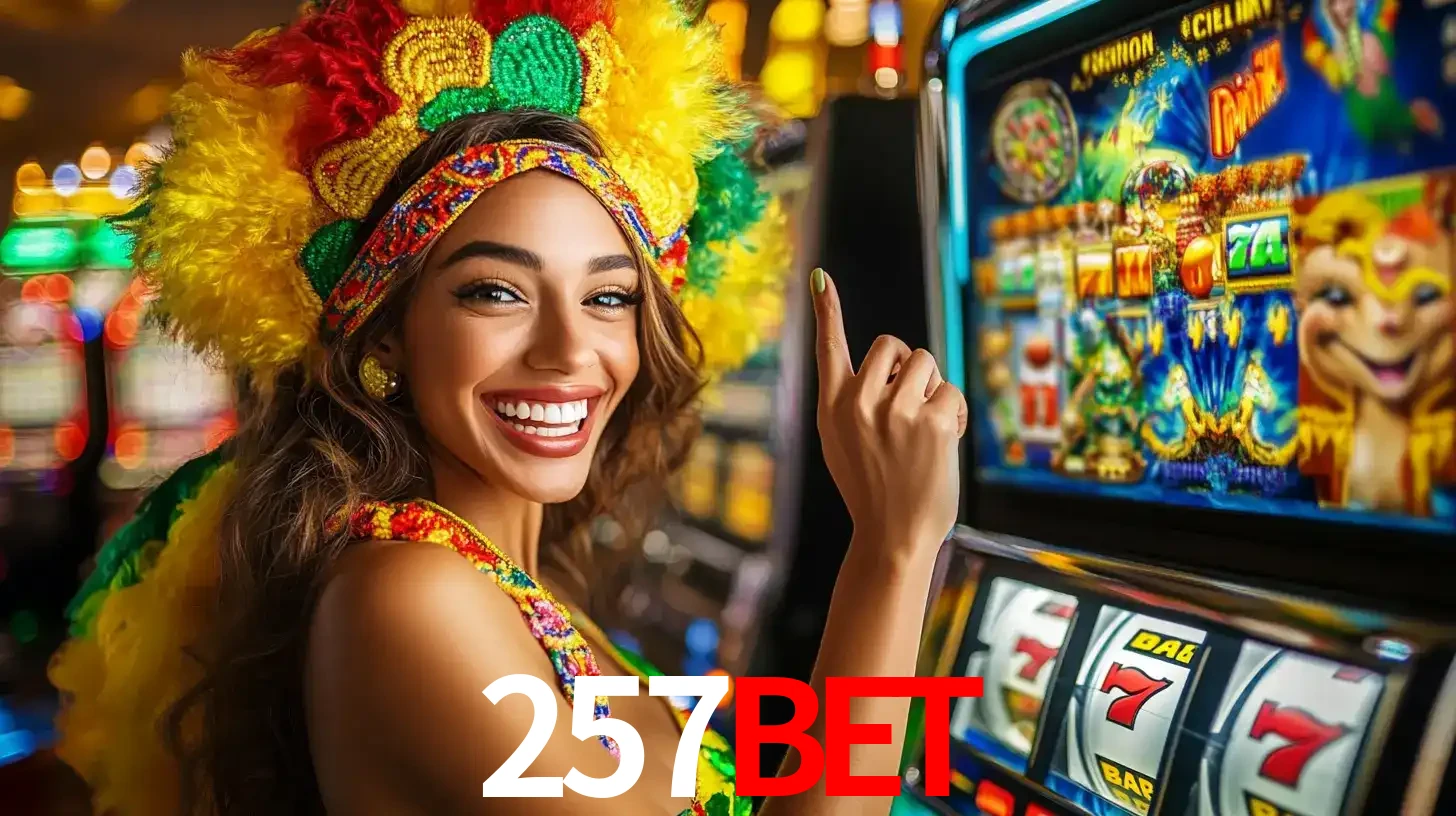 Mulher animada com um cocar de carnaval apontando para uma máquina de caça-níqueis, mostrando a emoção de ganhar um grande prêmio nos jogos do 257BET.