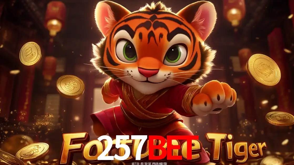 O carismático mascote do jogo de slot Fortune Tiger, um tigre fofo em pose de artes marciais, pronto para trazer sorte e multiplicadores de ganhos no cassino online 257BET.