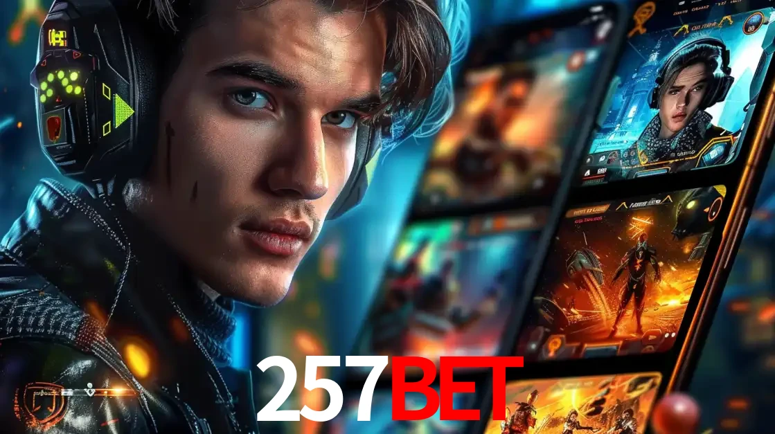 Jovem jogador com fones de ouvido olhando para a câmera, com um aplicativo de jogos e e-sports para celular ao fundo, pronto para a competição e apostas no 257BET.