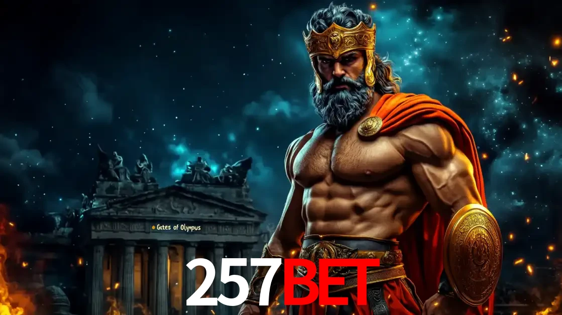 O poderoso Zeus do jogo de slot Gates of Olympus em frente ao seu templo, pronto para lançar multiplicadores divinos e prêmios épicos no cassino online 257BET.