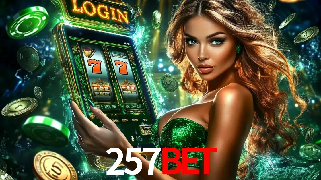 Mulher com tema verde apresentando o aplicativo do cassino 257BET com um jogo de slot de 777, cercada por fichas de cassino e uma aura de sorte.
