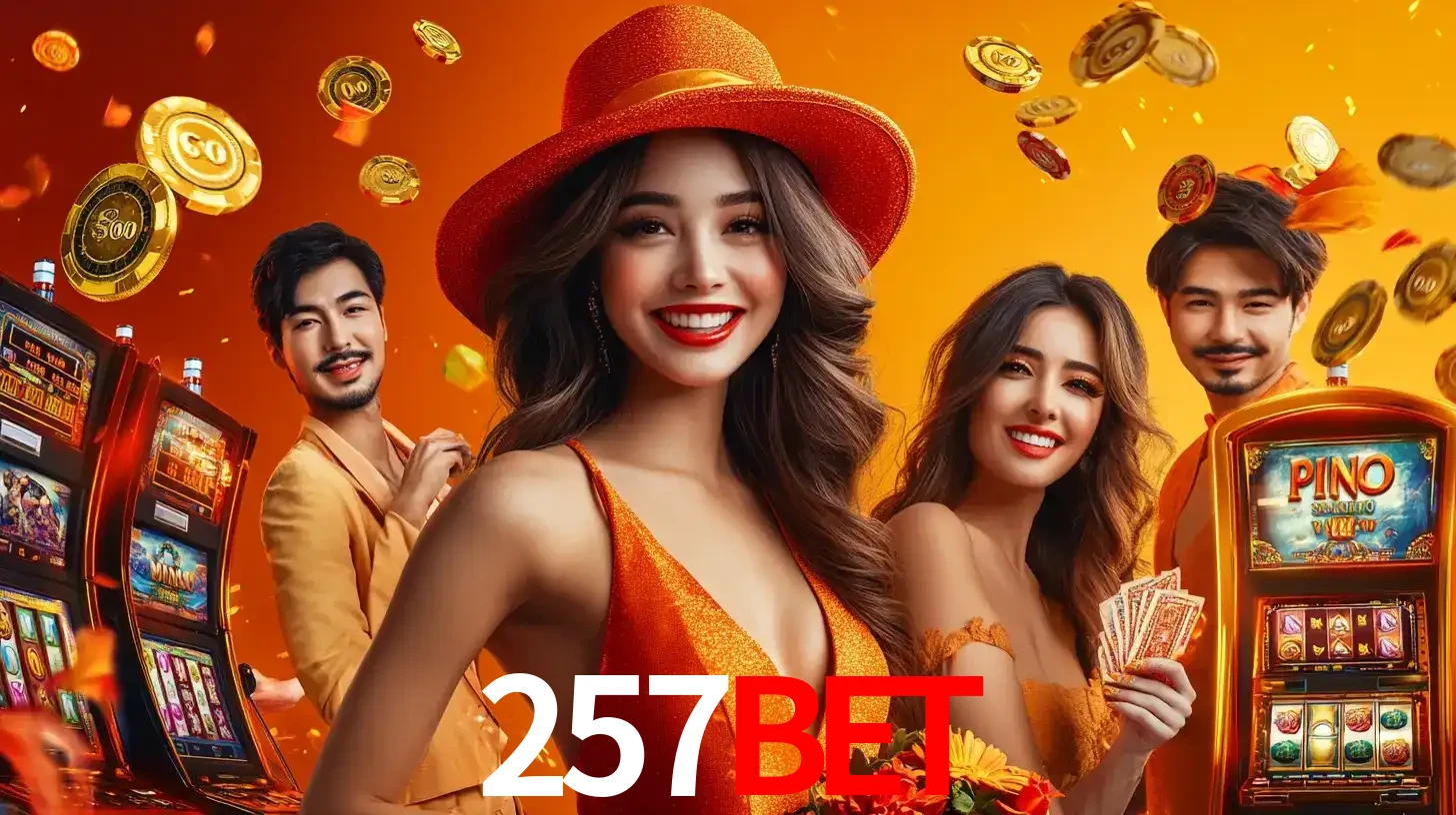 Grupo de amigos asiáticos sorrindo e se divertindo com máquinas de caça-níqueis em um ambiente festivo, celebrando suas vitórias nos jogos de cassino do 257BET.
