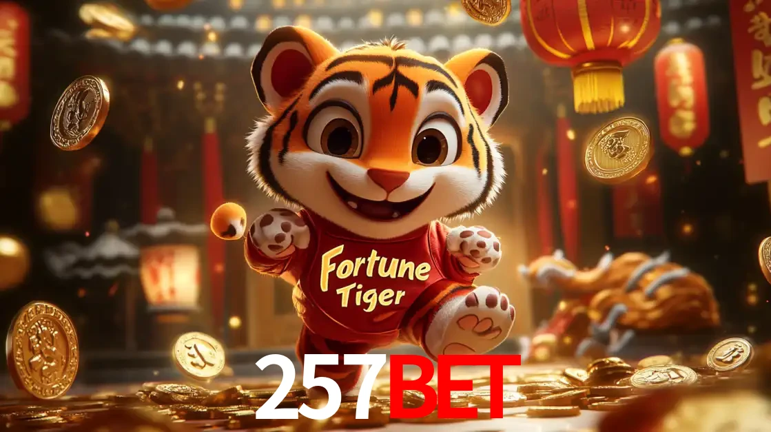 O alegre personagem do Fortune Tiger correndo sobre um caminho de moedas de ouro, simbolizando os grandes prêmios e a diversão do popular jogo de slot do 257BET.