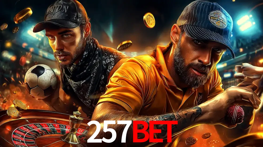 Montagem de apostas esportivas e cassino no 257BET, com um homem segurando uma bola de futebol e outro uma de beisebol sobre uma roleta e moedas voadoras.