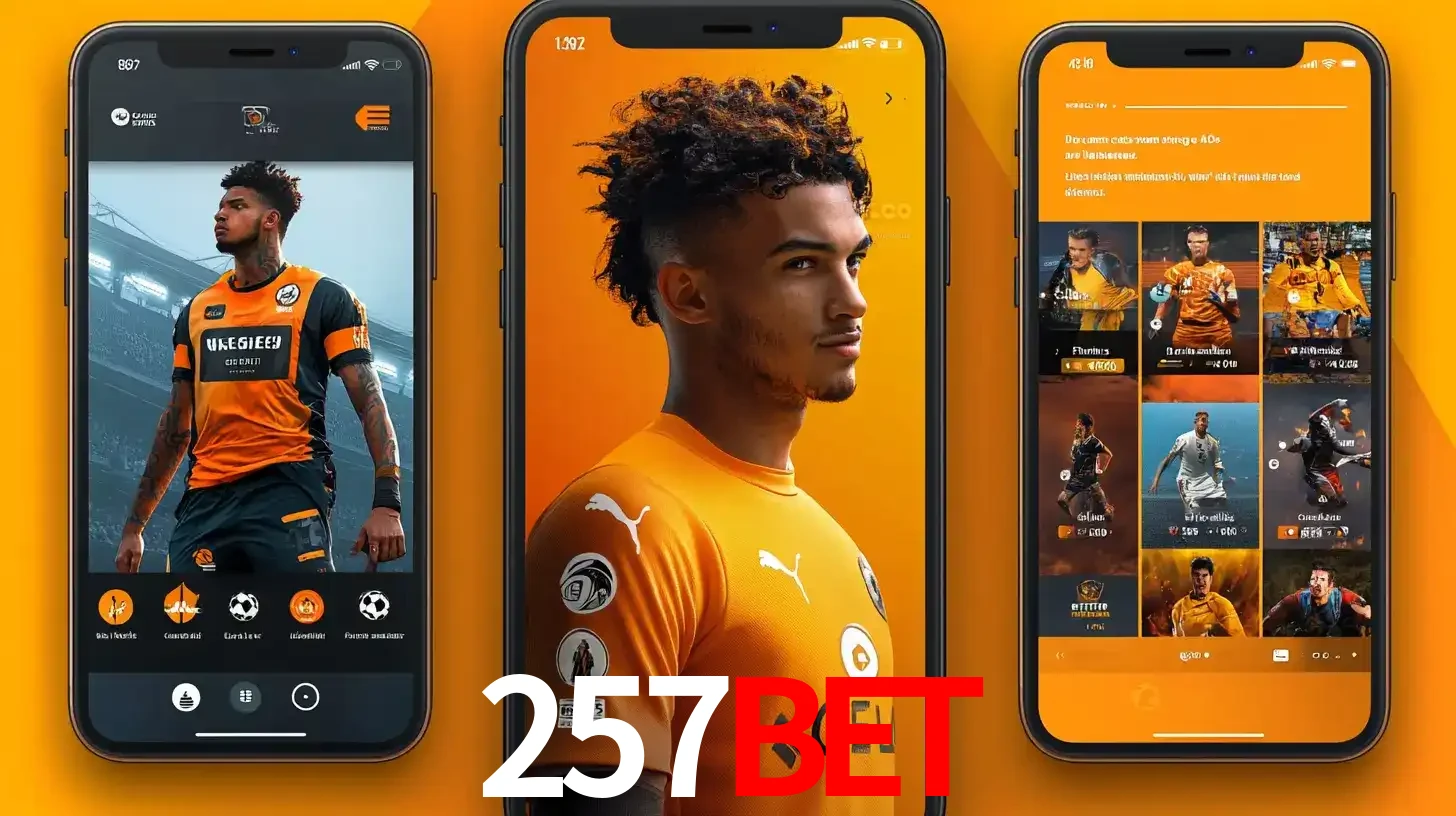 Interface do aplicativo de apostas esportivas 257BET em três telas de celular, mostrando o perfil de um jogador de futebol e a lista de jogos disponíveis para apostar.