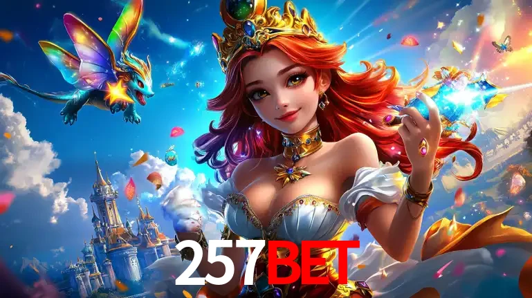 A princesa de um reino de fantasia mágico, com seu pequeno dragão, apresentando um mundo de prêmios encantados nos jogos de caça-níqueis do cassino 257BET.