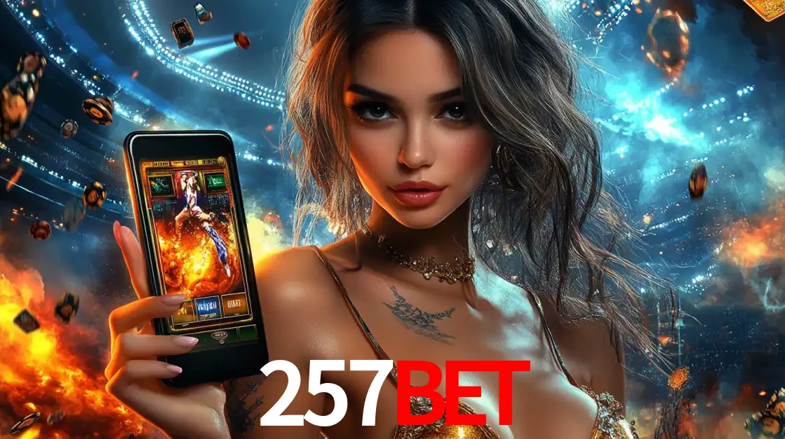 Mulher segurando um celular com um jogo de slot em destaque, tendo como fundo um estádio vibrante, simbolizando a emoção de jogar no cassino móvel 257BET.